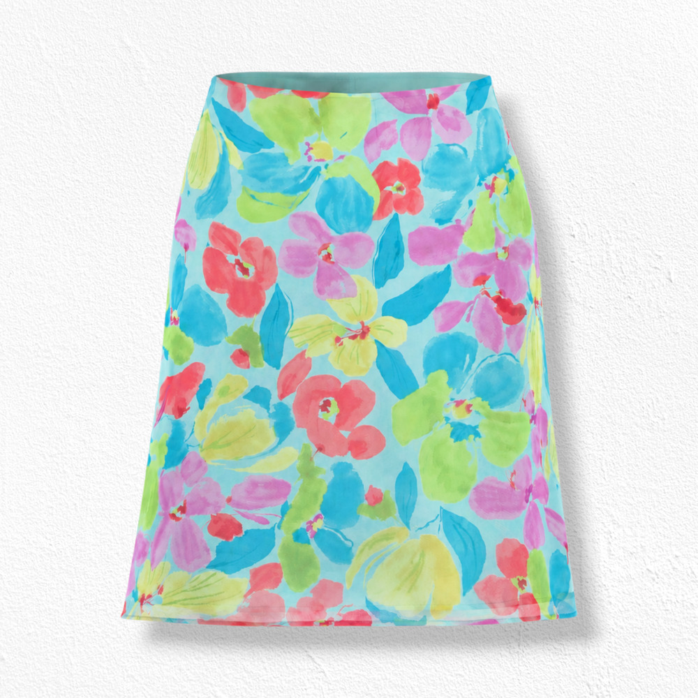 Vintage Y2K Watercolor Tropical Floral Colorful A Line Skirt Size Small
